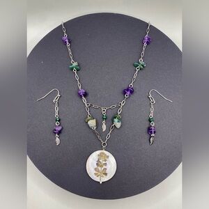 💜🌱Amethyst Green Jasper Malachite Ornamental Sage Necklace Earring Set